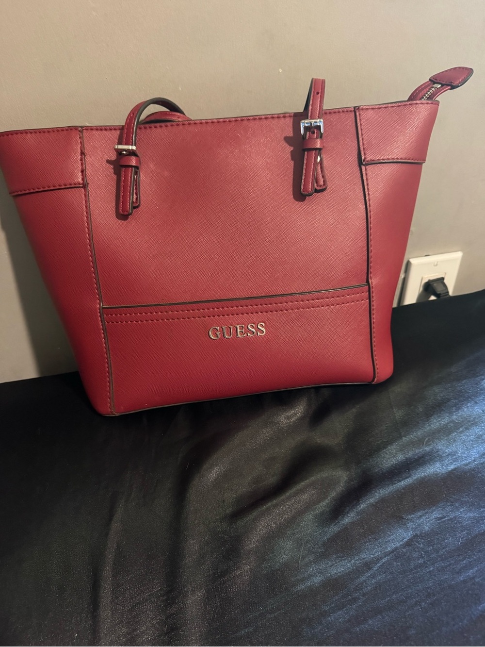 GUESS Burgundy Saffiano Tote with Gold Logo